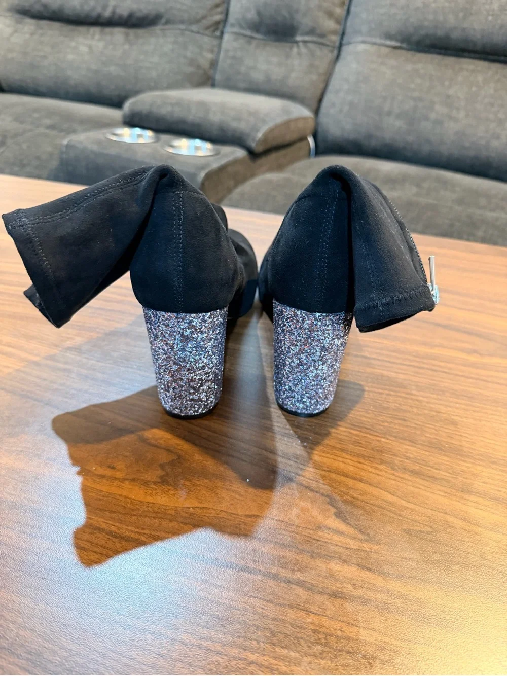 NWOT Badgley Mischka Black Suede Ankle Boots with Silver Glitter Block Heel